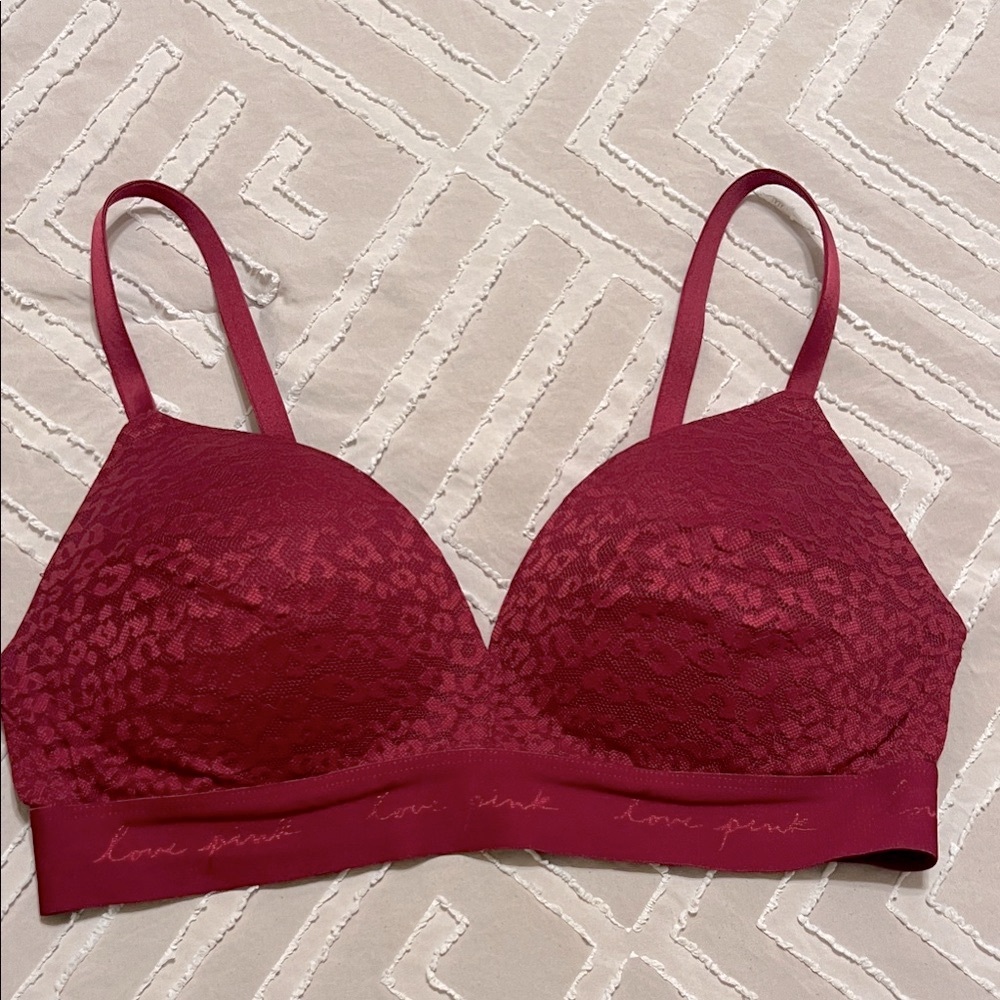 PINK Victoria's Secret Wireless Lace Bralette in Deep Red